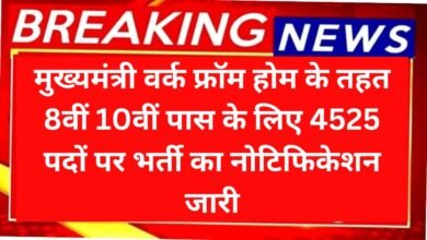 Mukhyamantri Work From Home Yojana: मुख्यमंत्री वर्क फ्रॉम होम के तहत 8वीं 10वीं पास के लिए 4525 पदों पर भर्ती का नोटिफिकेशन जारी